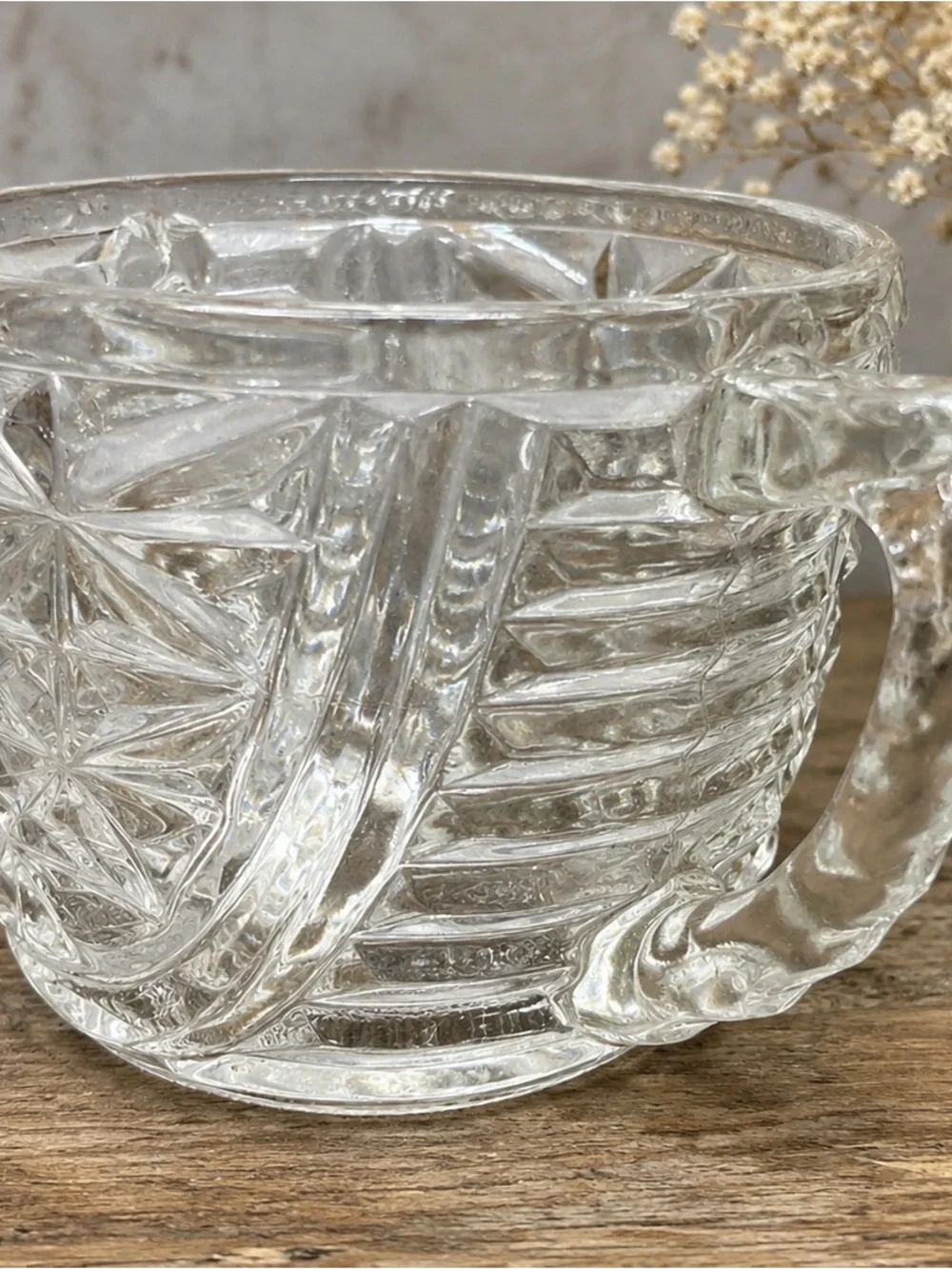 Vintage Pressed Glass Double Handled Open Sugar Bowl Daisy & Star Pattern EAPG